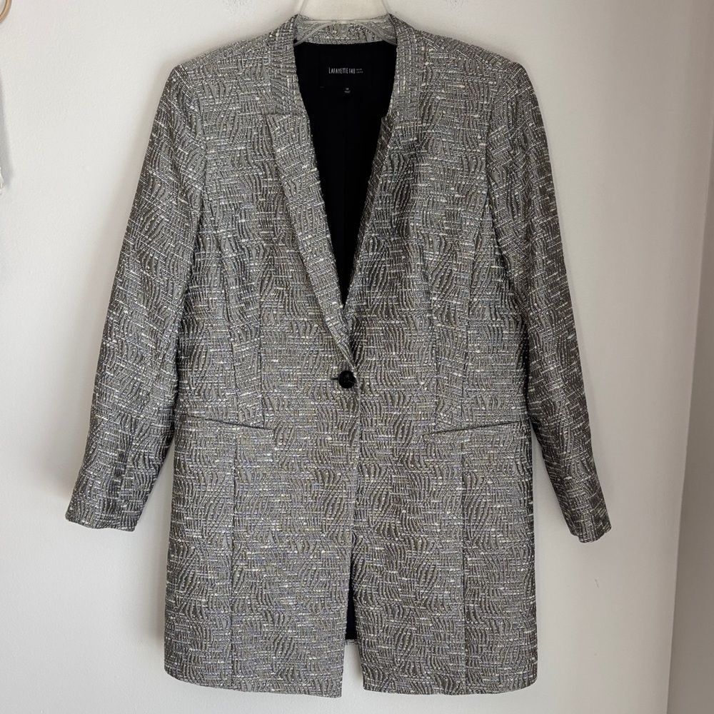 Lafayette 148 New York long Textured Gray metallic dressy Blazer jacket women 14